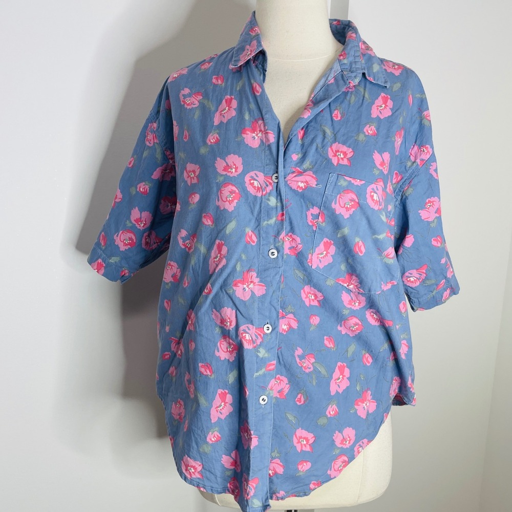 Vintage Floral Button Down Shirt Blue Pink Short Sleeve Oversized Top